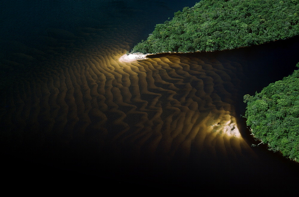 Aerial view of Rain Forest, Caroni River with sandbars, Venezuela, South America