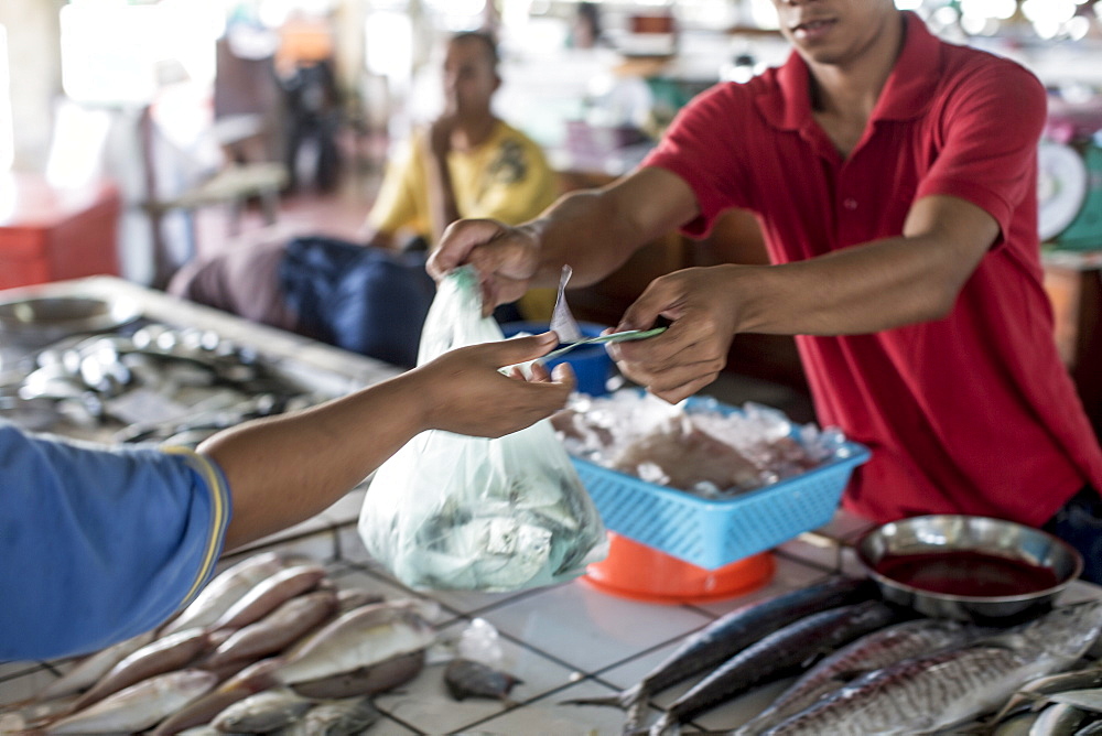 A fishmonger makes a sale in Kudat fish market, Sabah, Malaysian Borneo, Malaysia, Southeast Asia, Asia 