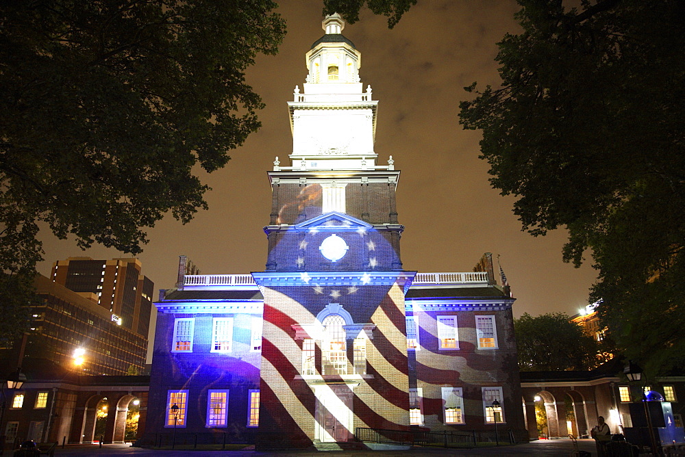 Independence Hall illuminated at night with sound and light show in Philadelphia, Pennsylvania, United States of America, North America