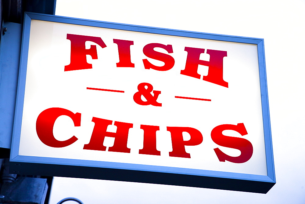 Fish and chips sign in Conwy, Clwyd, Wales, United Kingdom, Europe