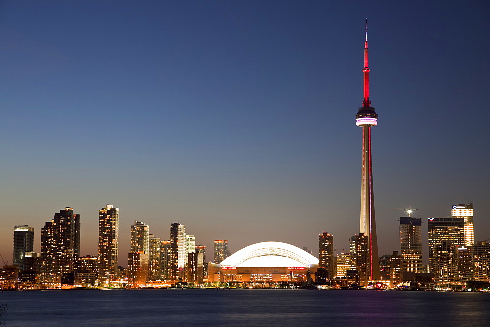 Skyline of city with CN Tower and Rogers Centre, previously The Skydome, Toronto, Ontario, Canada, North America