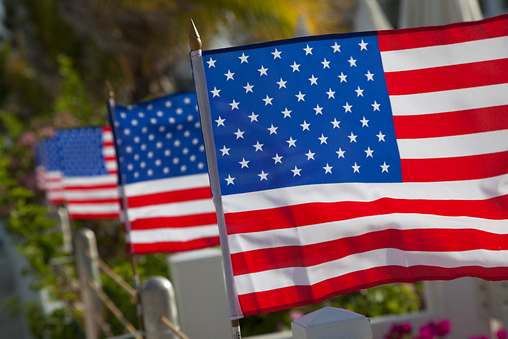 US flags attached to a fence in Key West, Florida, United States of America, North America