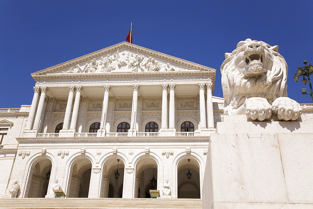 A lion statue guards the Palace of Sao Bento, built in 1834, the seat of the Portuguese Parliament, in Lisbon, Portugal, Europe