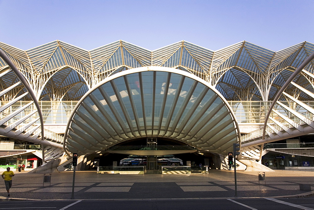 The facade of the Oriente railway station, built for the Expo 98, in Lisbon, Portugal, Europe