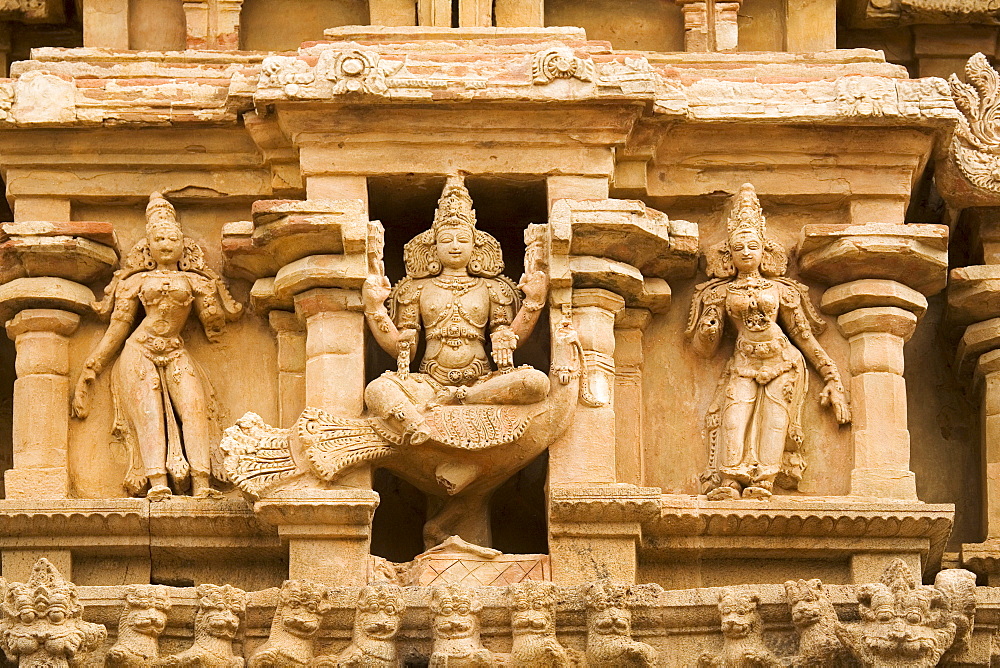 The figure of Karthieya sits on Paravani the peacock at the Brihadeeswarar Temple (Big Temple) in Thanjavur (Tanjore), Tamil Nadu, India, Asia