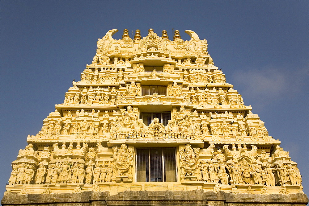 The gopuram (temple gateway) of the Hoysala style Chennakeshava Temple built in 1117 AD, Belur, Karnataka, India, Asia