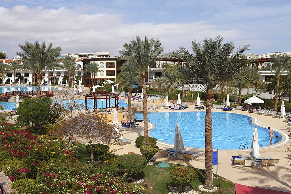 A palm fringed swimming pool within the Royal Savoy Resort at Sharm el-Sheikh, Egypt, North Africa, Africa