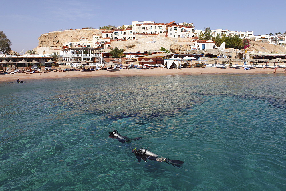 Scuba divers enjoy the clear Red Sea waters at Sharks Bay, Sharm el-Sheikh, Sinai South, Egypt, North Africa, Africa