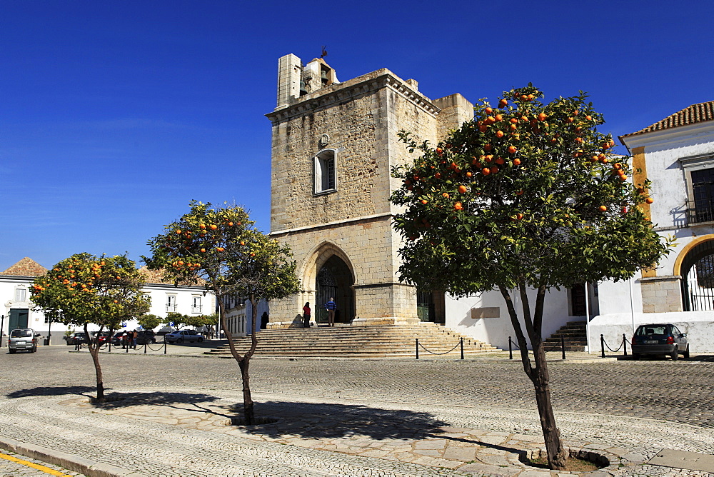 Orange trees grow outside of the Cathedral (Se) in the Old Town of Faro, Algarve, Portugal, Europe