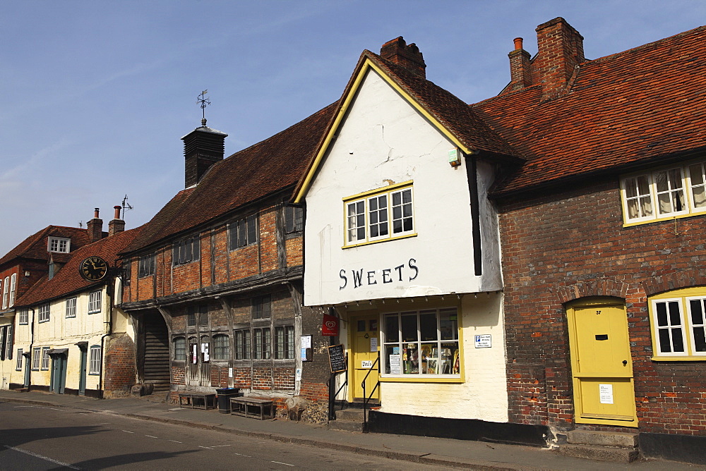 Village high street, with a sweet shop and Old Church Hall, West Wycombe, Buckinghamshire, England, United Kingdom, Europe