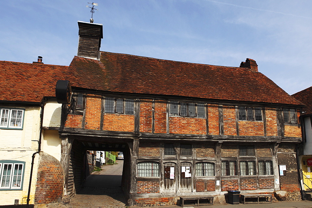 Old Church Hall, an English half-timbered building with red-brick walls, village of West Wycombe, Buckinghamshire, England, United Kingdom, Europe