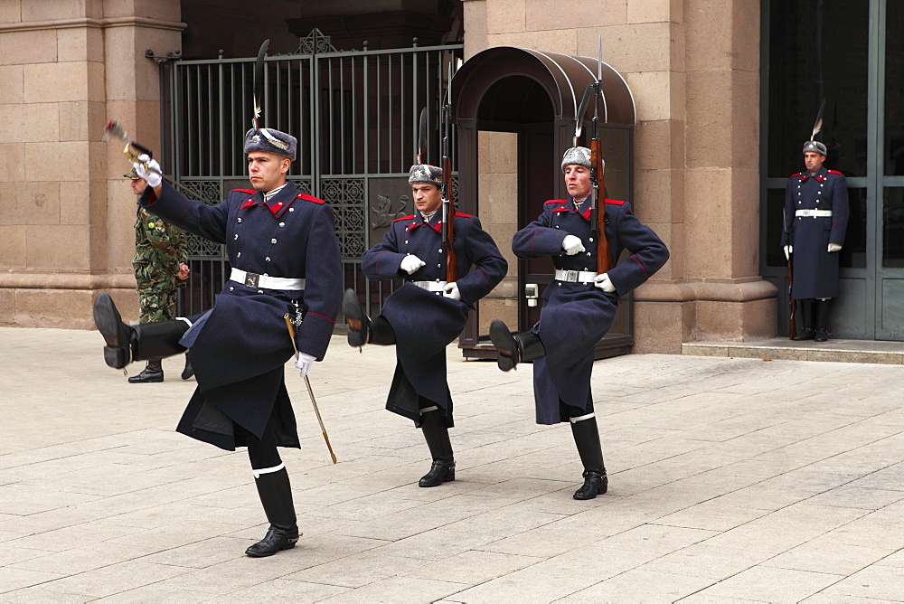 Soldiers participate in the ceremonial changing of the guards at the Presidential Palace, Sofia, Bulgaria, Europe