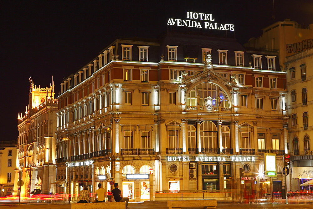 The Hotel Avenida Palace, at night, on the Avenida de Liberdade, at Restauradores Square, Baixa, Lisbon, Portugal, Europe