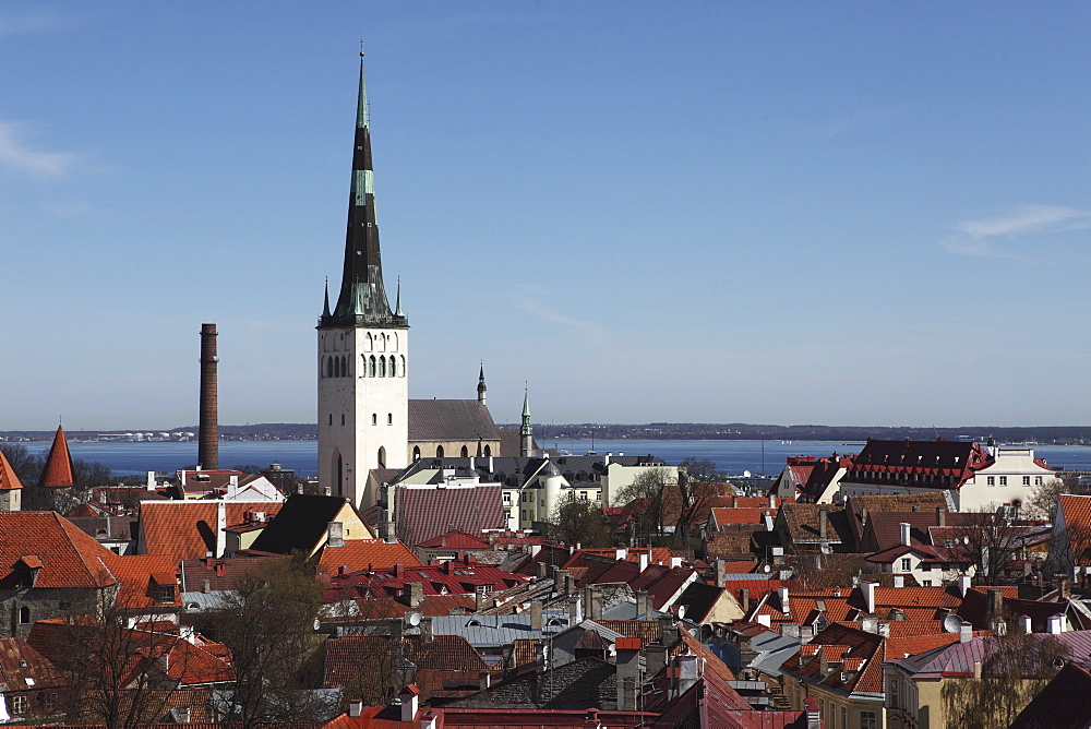 The spire of St Olaf's Church (St Olav's Church) (Oleviste kirik) on the city skyline of Tallinn, Estonia, by the Gulf of Finland, Europe