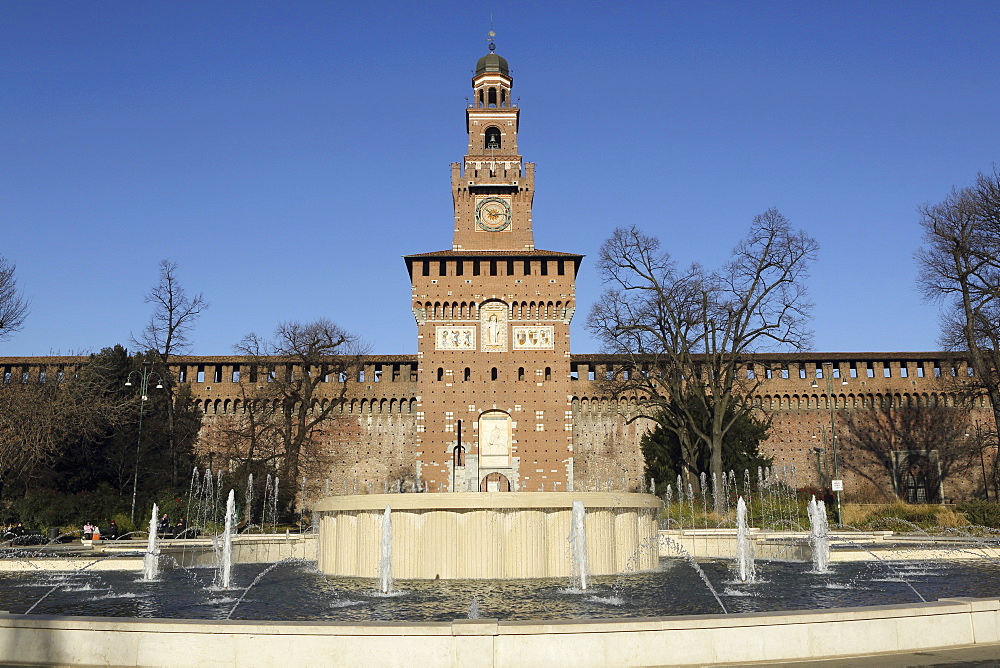 The Torre del Filarete clock tower at the 15th century Sforza Castle (Castello Sforzesco), Milan, Lombardy, Italy, Europe