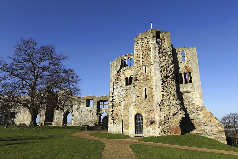 The Norman gateway and staircase tower at the ruins of Newark Castle in Newark-upon-Trent, Nottinghamshire, England, United Kingdom, Europe