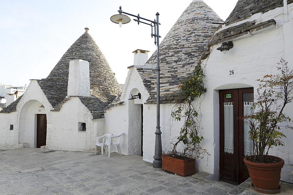 Cone-shaped trulli houses, in the Rione Monte district of Alberobello, UNESCO World Heritage Site, in Apulia, Italy, Europe