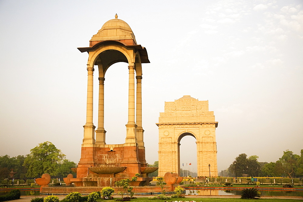 A chhattri stands in front of India Gate, designed by Sir Edwin Lutyens, New Delhi, India, Asia