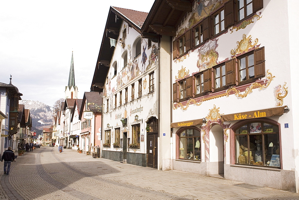 Traditional Bavarian buildings on the historic Ludwigstrasse in the Partenkirchen side of Garmisch-Partenkirchen, Bavaria, Germany, Europe