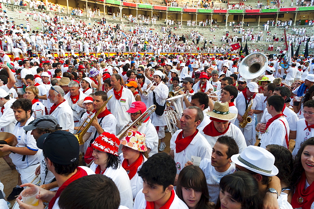 Penas (clubs) at the bullring, San Fermin festival, Pamplona, Navarra (Navarre), Spain, Europe