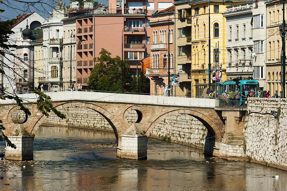 Latinska Cuprija (Latin Bridge) over Miljacka River, place of murder of Archduke Ferdinand, Sarajevo, Bosnia and Herzegovina, Europe