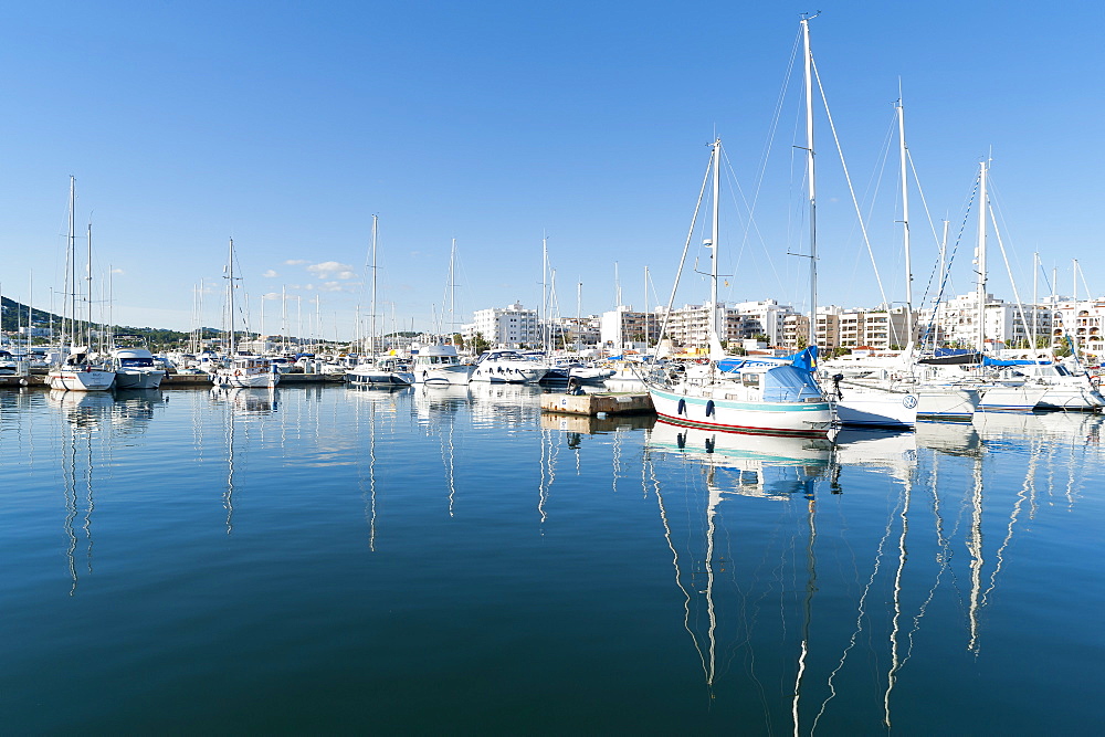 View of the boats, Marina, Santa Eulalia port, Ibiza, Balearic Islands, Spain, Mediterranean, Europe