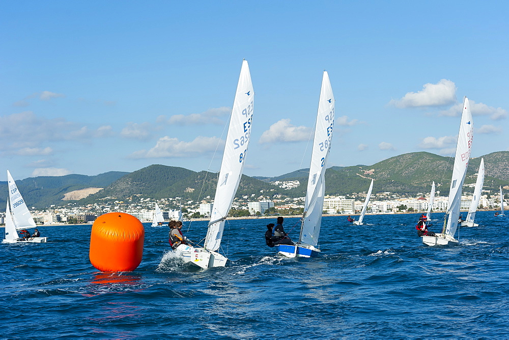 Sailboats participating in Regatta and buoy, Ibiza, Balearic Islands, Spain, Mediterranean, Europe