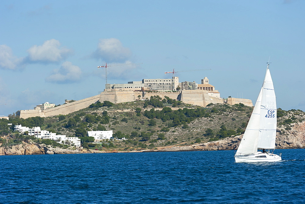 Sailboat participating in Regatta, view of Ibiza Old Town and Dalt Vila, UNESCO World Heritage Site, Ibiza, Balearic Islands, Spain, Mediterranean, Europe