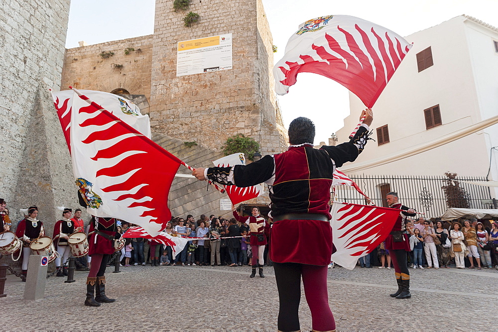 Flag bearers show, Ibiza cathedral, Medieval Party, Dalt Vila, Old Town, Ibiza, Balearic Islands, Spain, Mediterranean, Europe