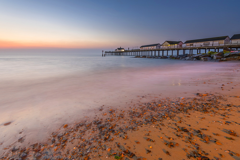 Southwold Pier at dawn, Southwold, Suffolk, England, United Kingdom, Europe