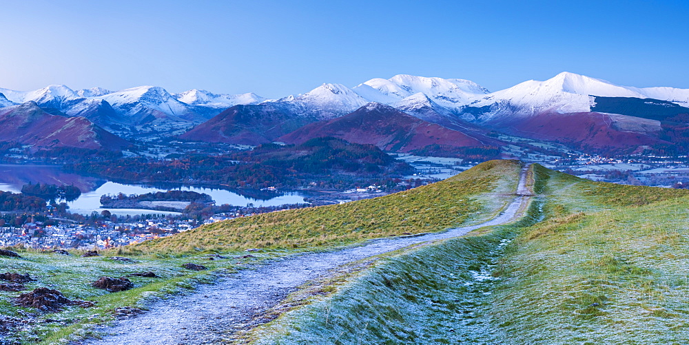 Footpath overlooking Keswick from Latrigg, Lake District National Park, Cumbria, England, United Kingdom, Europe