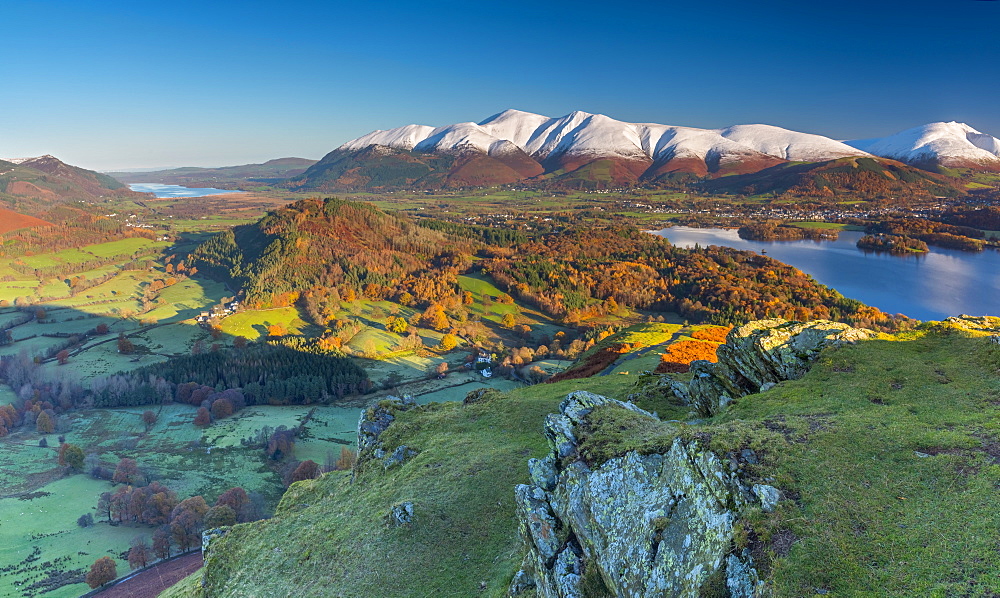 Derwentwater, Skiddaw and Blencathra mountains above Keswick, from Cat Bells, Lake District National Park, Cumbria, England, United Kingdom, Europe