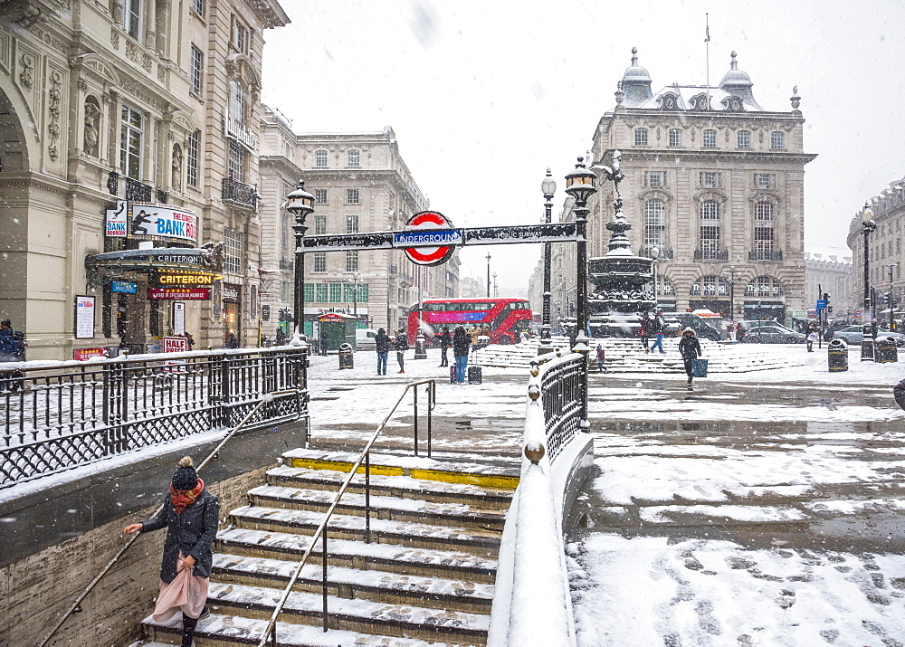 Underground Station entrance, snow storm, Piccadilly Circus, West End, London, England, United Kingdom, Europe