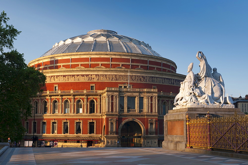 Royal Albert Hall and corner statue of the Albert Memorial, Kensington, London, England, United Kingdom, Europe