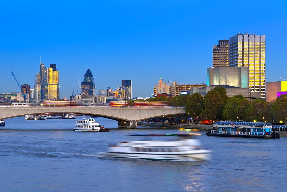 River Thames, Heron Tower, Tower 42, formerly NatWest Tower, SwissRe Tower (The Gherkin) and South Bank Centre, City of London, London, England, United Kingdom, Europe