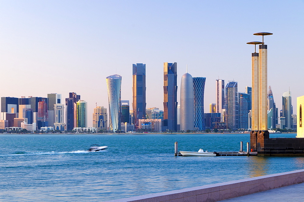 Al Bidda Tower, Palm Tower West, Burj Qatar and Tornado Tower from Museum of Islamic Art, Doha, Qatar, Middle East