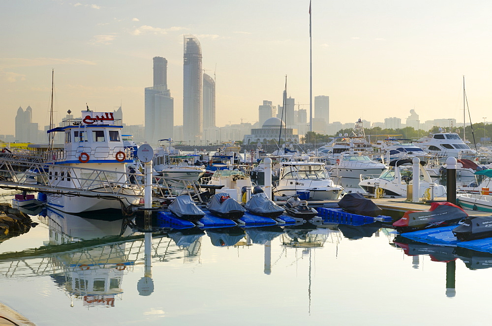 City skyline from Abu Dhabi International Marine Sports Club, Abu Dhabi, United Arab Emirates, Middle East