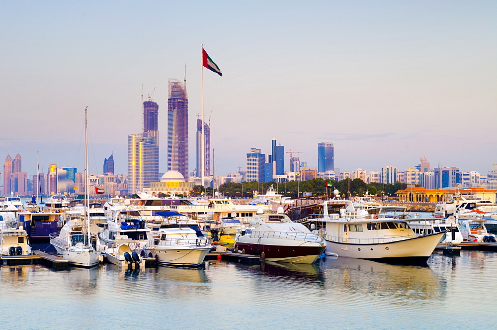 City skyline from Abu Dhabi International Marine Sports Club, Abu Dhabi, United Arab Emirates, Middle East