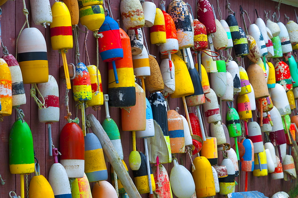 Lobster trap floats, Winter Harbor, Maine, New England, United States of America, North America