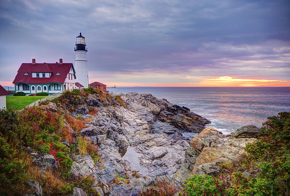 Portland Head Lighthouse at sunrise, Portland, Maine, New England, United States of America, North America