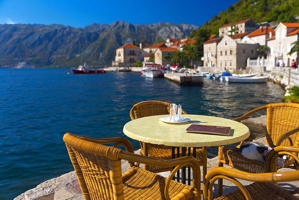 Montenegro, Bay of Kotor, Perast, Waterside Cafe