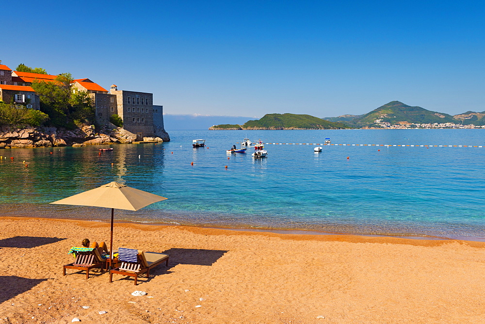 Hotel beach, Sveti Stefan, now Aman Sveti Stefan Hotel, Montenegro, Europe 