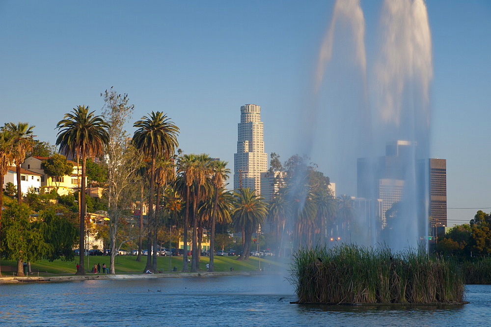 Downtown skyline from Echo Park, Los Angeles, California, United States of America, North America