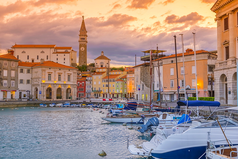 Old Town Harbour, Church of St. George (Cerkev sv. Jurija) in background, Piran, Primorska, Slovenian Istria, Slovenia, Europe