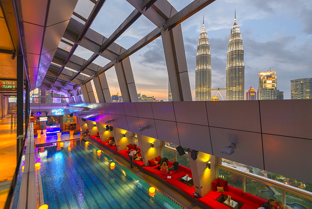 Petronas Towers viewed from Skybar of Traders Hotel, Kuala Lumpur, Malaysia, Southeast Asia, Asia