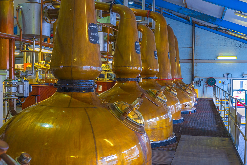 Copper pot stills, Laphroaig Whisky Distillery, Islay, Argyll and Bute, Scotland, United Kingdom, Europe