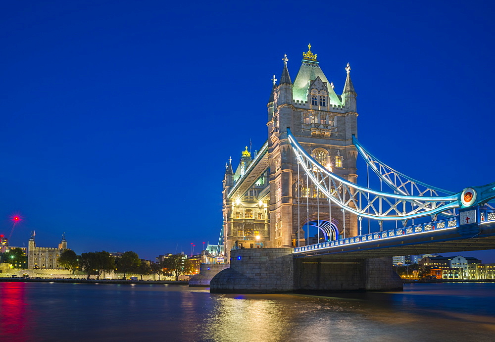 Tower Bridge over River Thames at night, London, England, United Kingdom, Europe