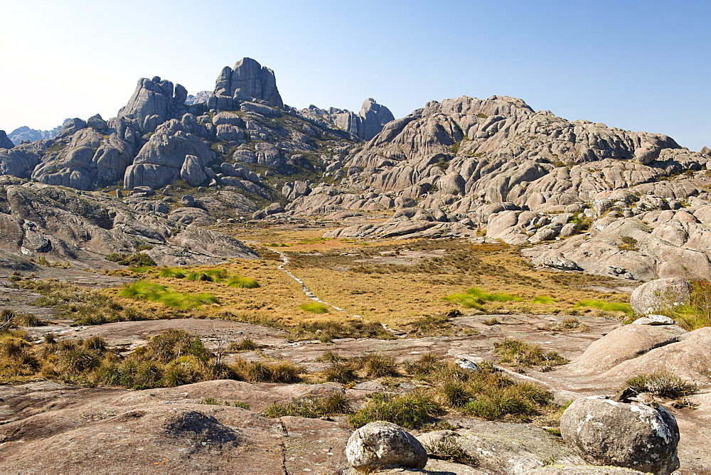 Walking trail through the mountains of Andringitra National Park in southern Madagascar, Madagascar, Africa