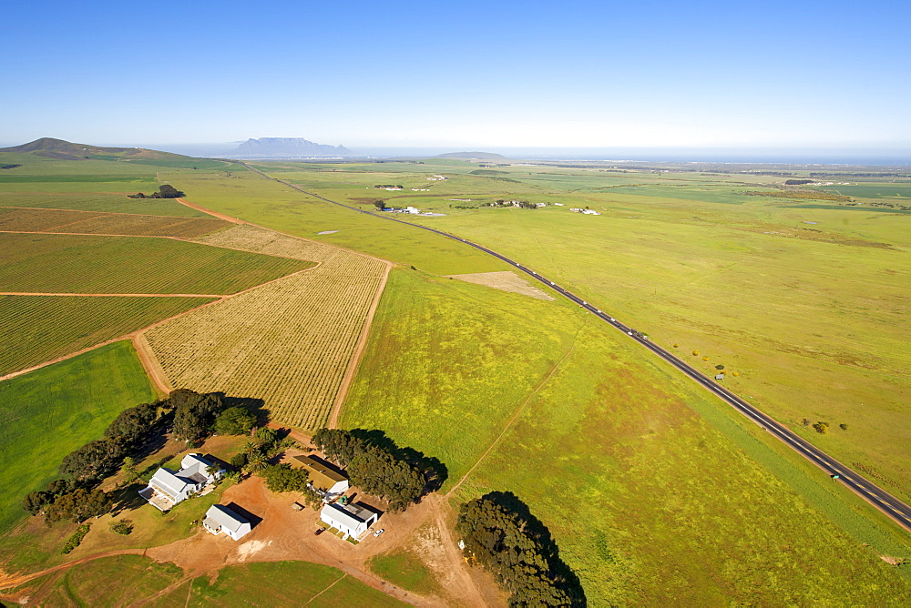 Aerial view over a small holding and the N7 highway in the Philadelphia area north of Cape Town in South Africa, Africa