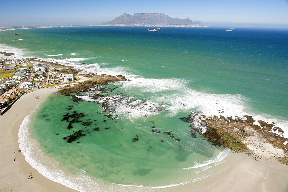 Aerial view of Big Bay on the west coast north of Cape Town, with Table Mountain in the background, South Africa, Africa